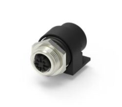 Connector M12:  SM C10 PF12-S44-FF216-D-Code-RA - Schmid-M: Connector M12:  SM C10 PF12-S44-FF216-D-Code-RA ,   M12 D Code Receptacle, Female Pins, Right Angle PCB Type, Front Fastened